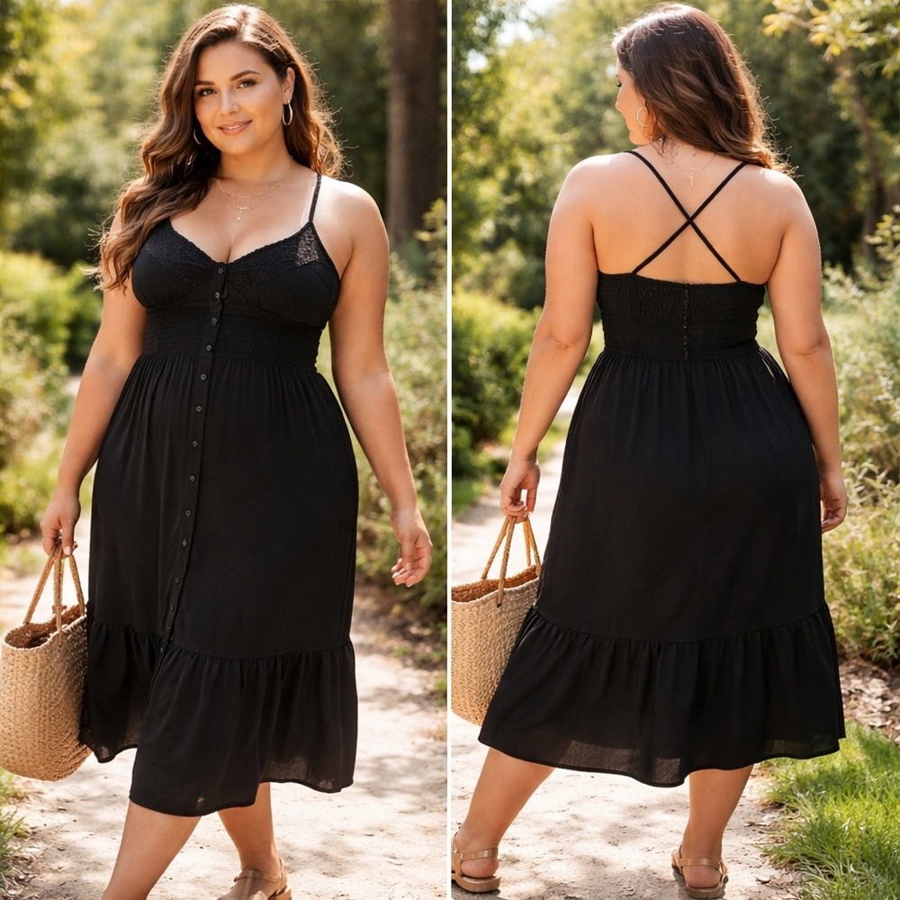 SO Black Button Front‎ Lace Inset Smocked Back Midi Dress Sleeveless Boho NWT's